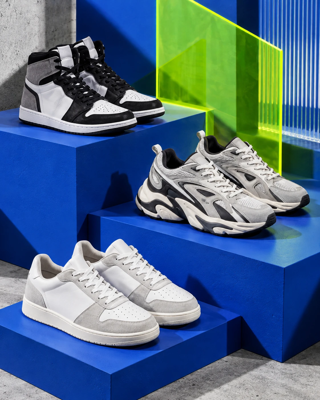 Tiga sneakers kontemporer dalam penataan studio biru dan hijau terang